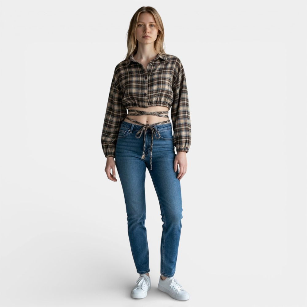 PrettyLittleThing Brown Flannel Plaid Crop Waist Tie Shirt Baggy Top Women Sz 8